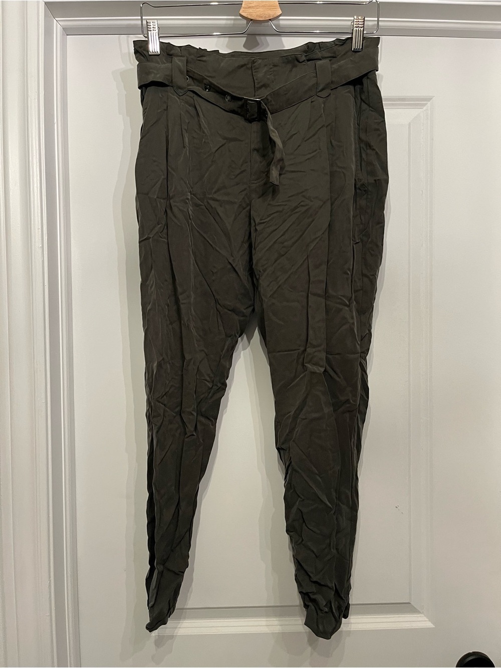Paige Olive Green Paperbag Waist Tapered Pants